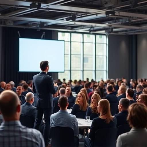 Fotografia de um evento corporativo, palestrante no palco com plateia atenta.