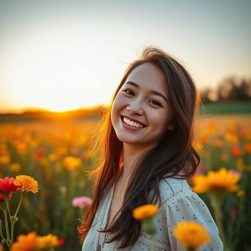 Retrato de uma jovem mulher sorrindo em um campo florido.